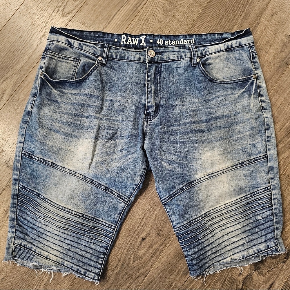 Men's sz40 RAWX‎ Denim Shorts Standard Blue Moto Biker Ribbed Pockets Distressed